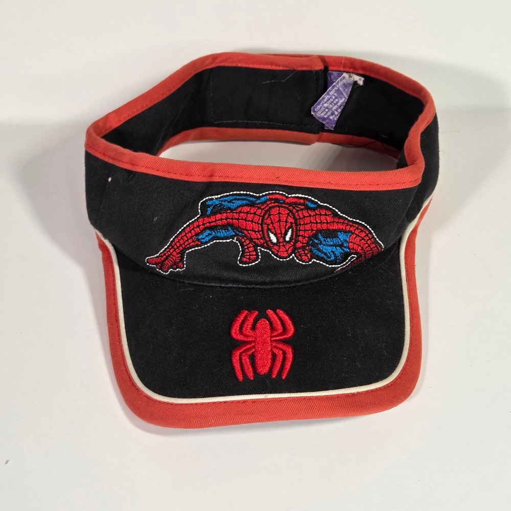 Vintage Marvel Kids Spider-Man Sun Visor Hat Black Red Embroidered Superhero Y2K
